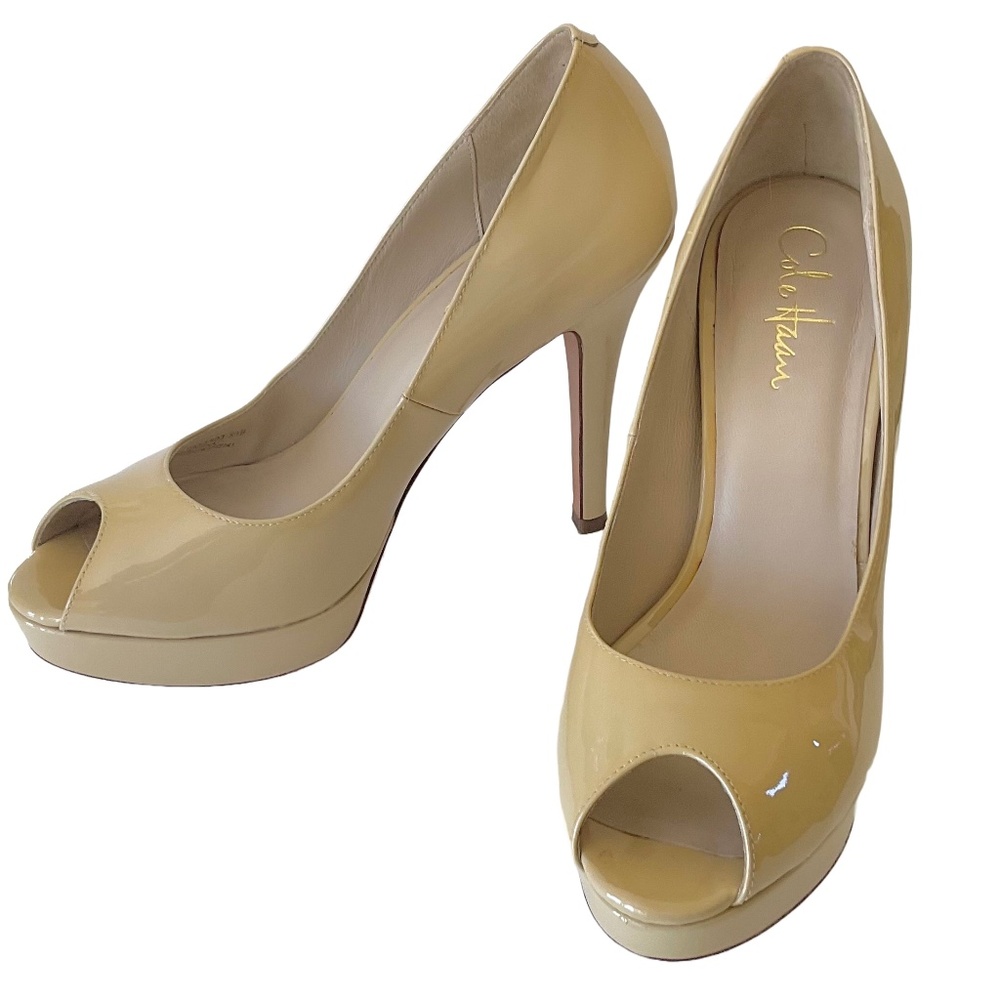 Cole Haan open toe patent leather platform pumps Nike air Beige Nude Size 8.5